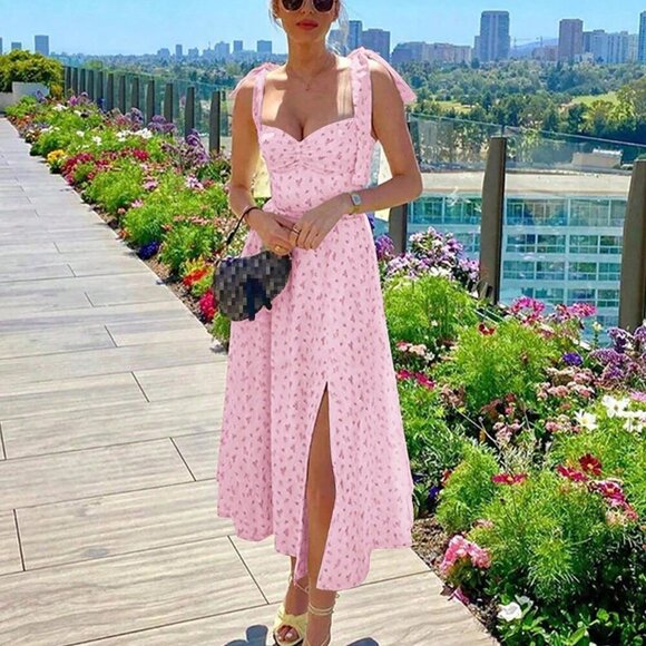 Mauve Purple Casual V-Neck Spaghetti Strap Floral Backless Slit Dress - Picture 1 of 11